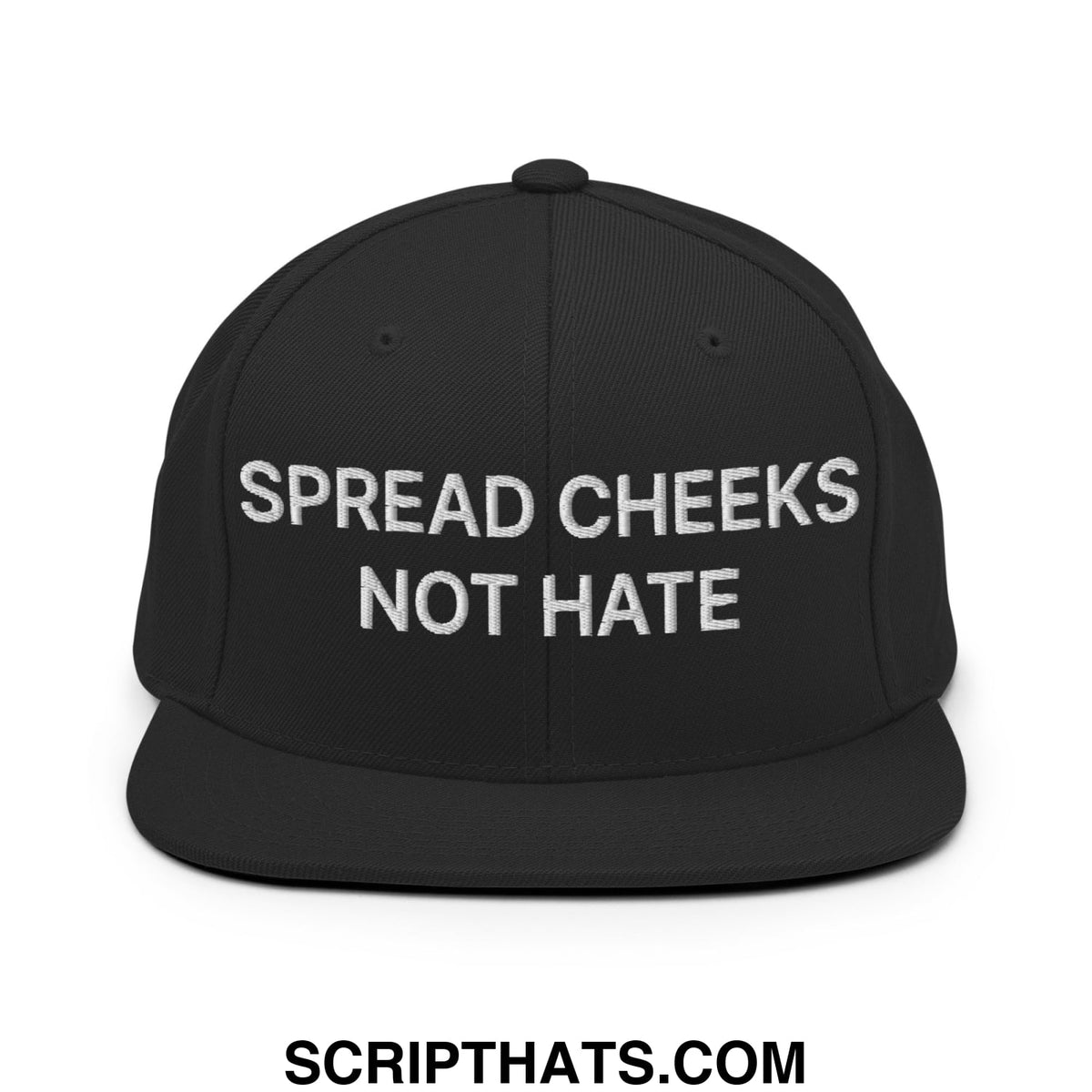 Black snapback cap with white embroidered spread cheeks not hate text on flat bill brim for casual wear