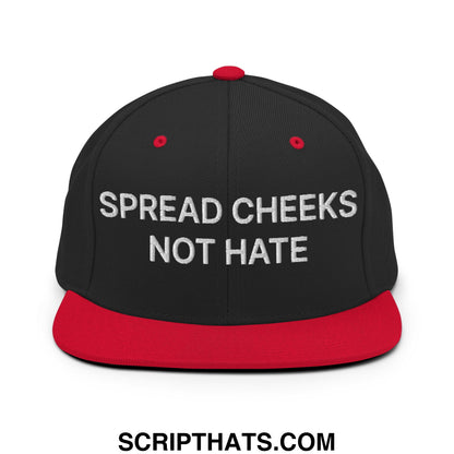 Black and red flat bill snapback cap with white embroidered text spread cheeks not hate for casual wear