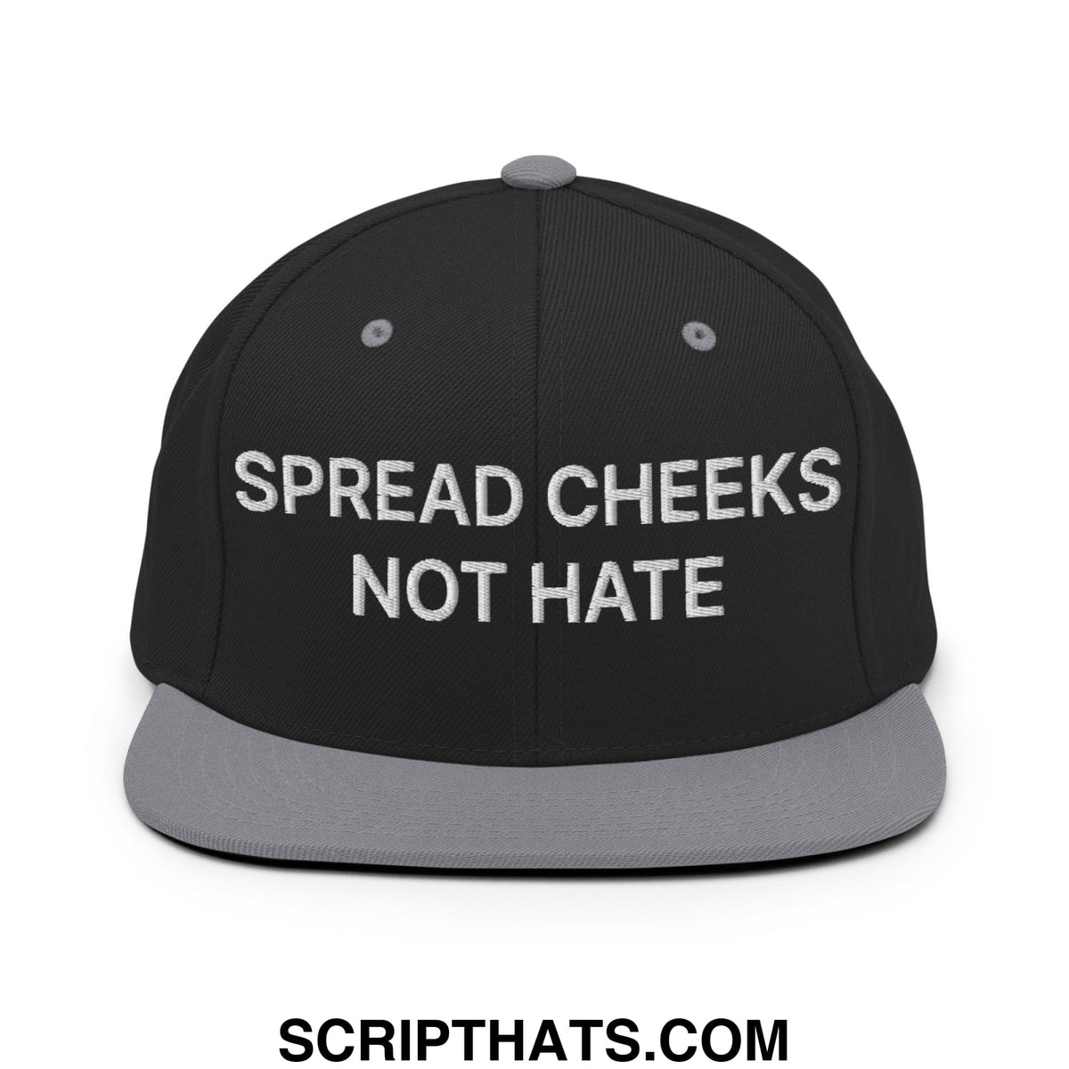 Black snapback cap with gray brim and button featuring white embroidered spread cheeks not hate text