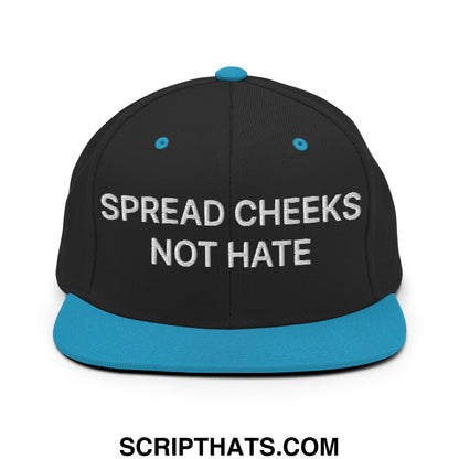 Black snapback cap with teal brim and button featuring white embroidered text spread cheeks not hate flat bill brim