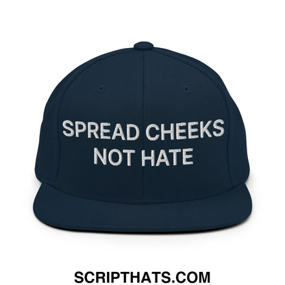 Navy blue snapback hat with white embroidered spread cheeks not hate text and flat bill brim design