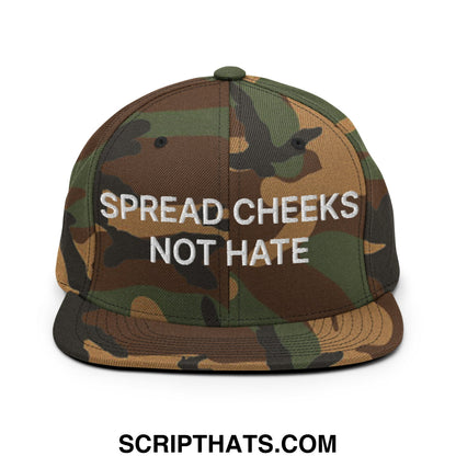 A camouflage snapback hat with white embroidered text spread cheeks not hate on the front flat bill brim design