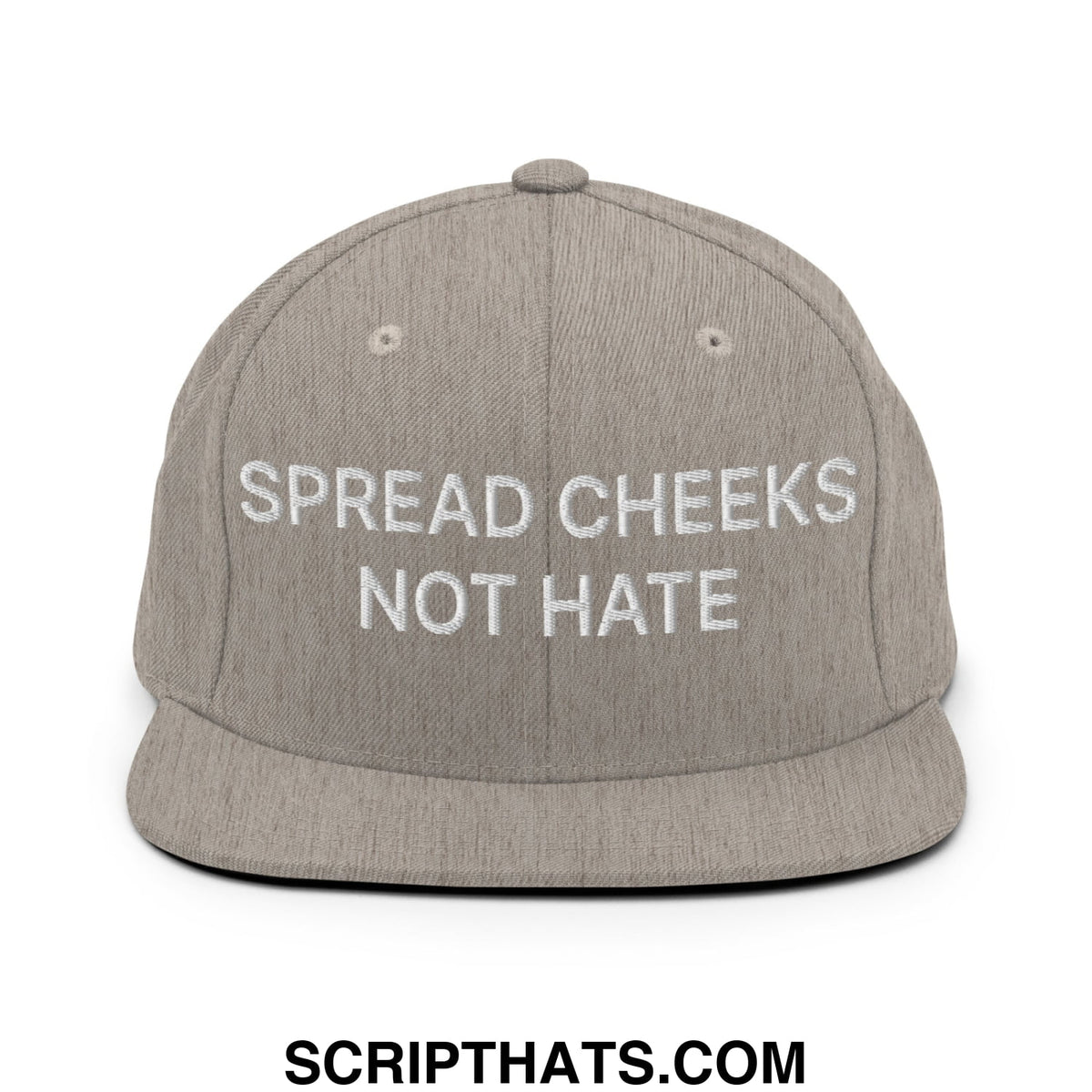 A gray snapback hat with white embroidered spread cheeks not hate text and a flat bill brim design