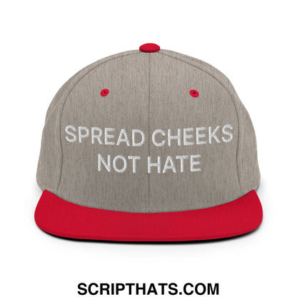 Gray and red snapback hat with white embroidered spread cheeks not hate text on flat bill brim