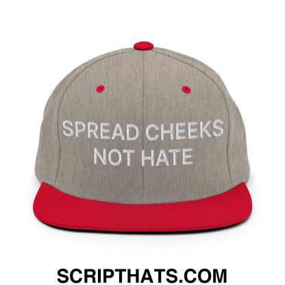 Spread Cheeks not Hate Embroidered Flat Bill Brim Snapback Hat Heather Grey Red