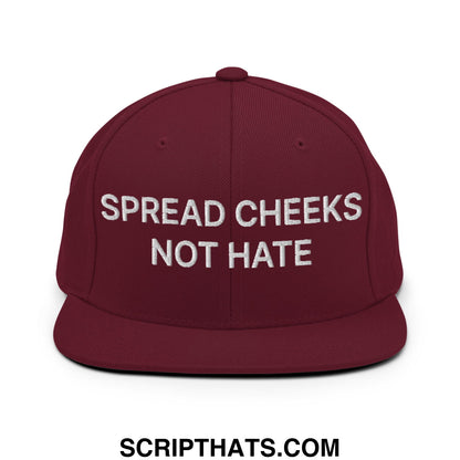 Maroon snapback cap with white embroidered spread cheeks not hate text and flat bill brim design