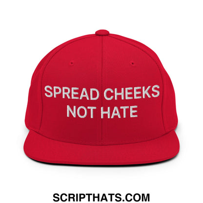 Red snapback cap with white embroidered text spread cheeks not hate featuring a flat bill brim design