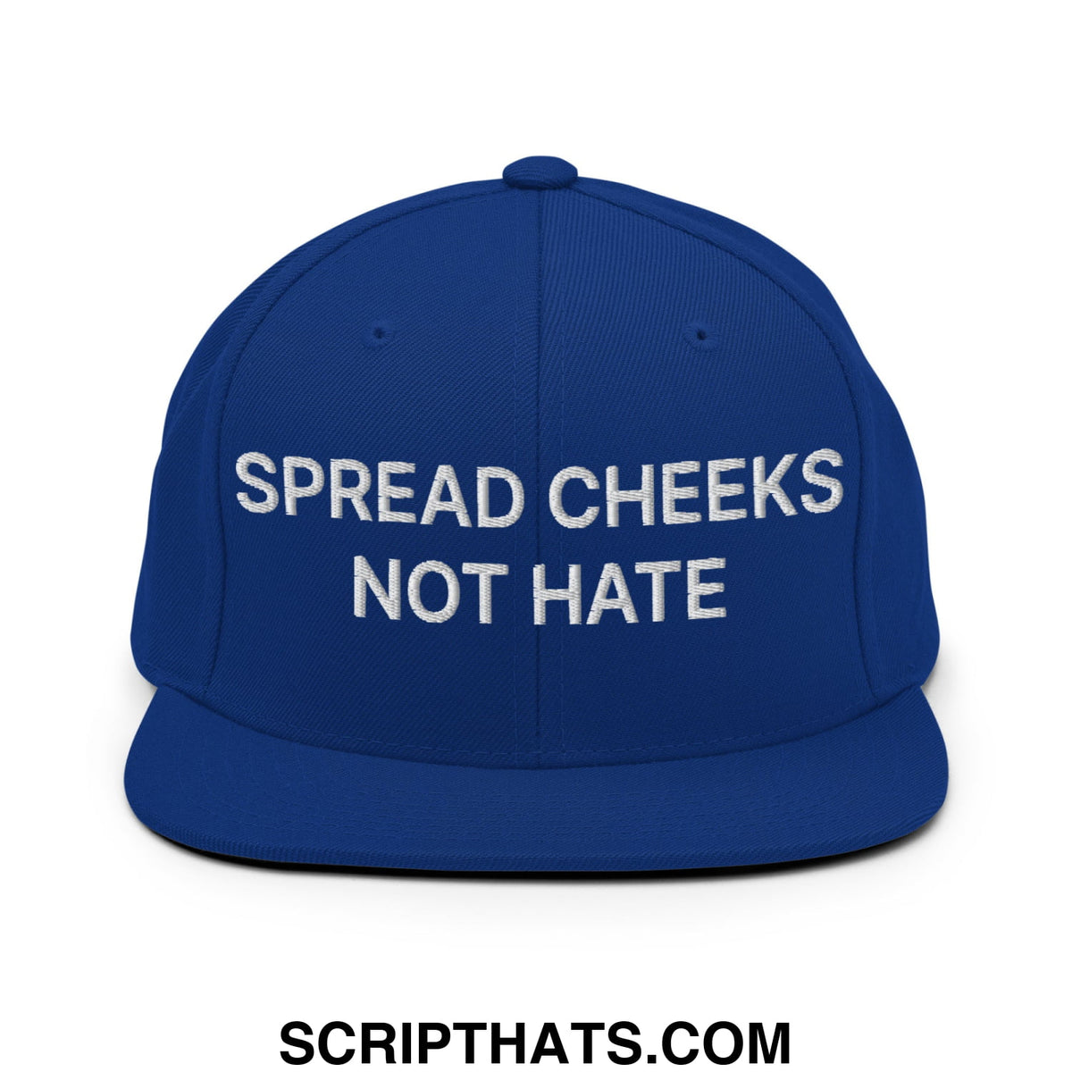 Royal blue snapback cap with white embroidered text spread cheeks not hate featuring a flat bill brim