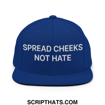Royal blue snapback cap with white embroidered text spread cheeks not hate featuring a flat bill brim