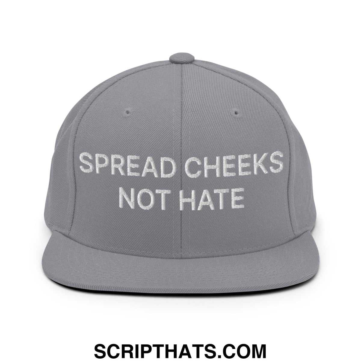 Gray snapback hat with white embroidered spread cheeks not hate text and flat bill brim for casual wear