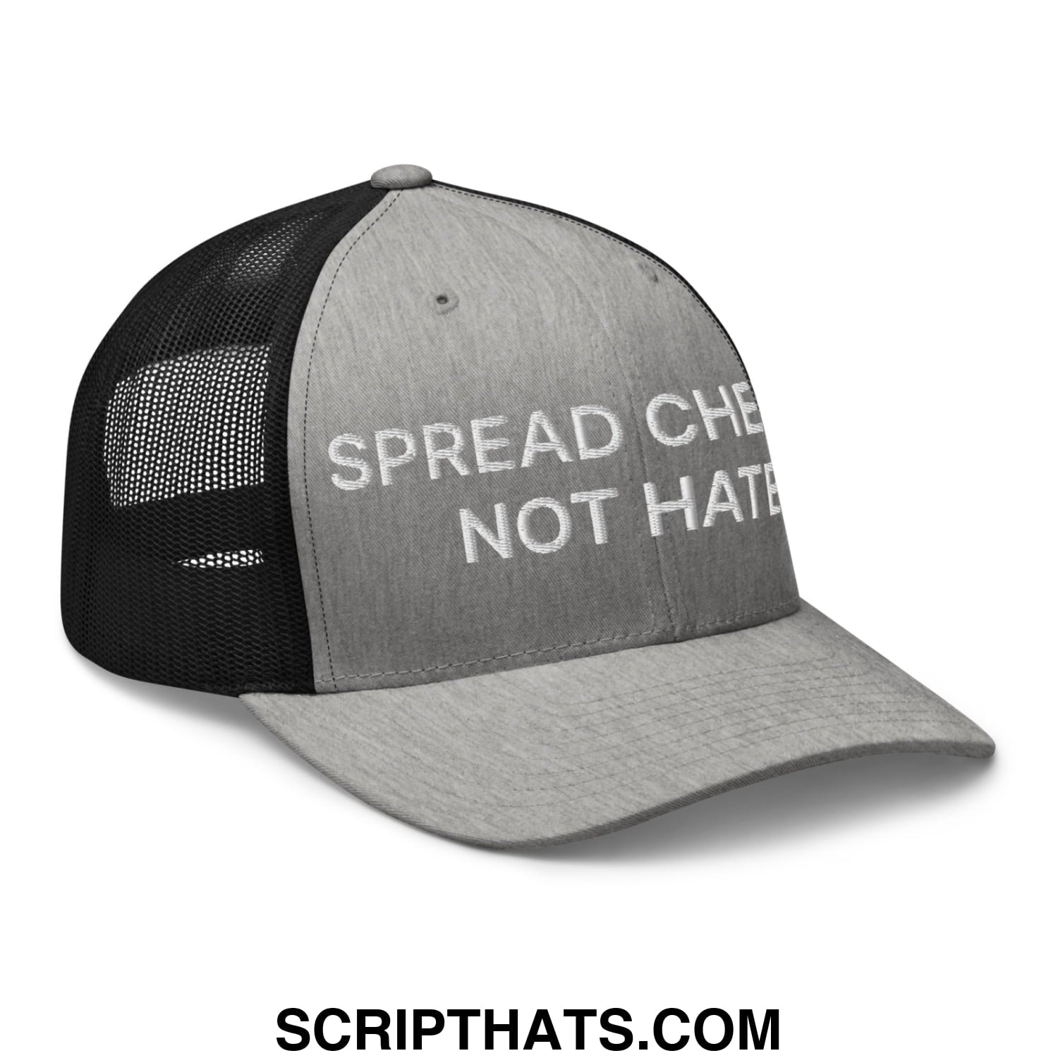 Spread Cheeks not Hate Embroidered Mesh Trucker Hat Heather Black