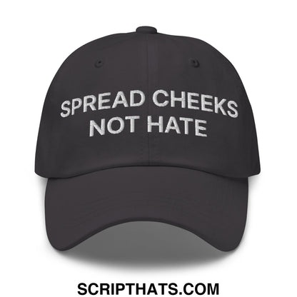 Black unstructured dad hat with white embroidered text spread cheeks not hate for casual wear