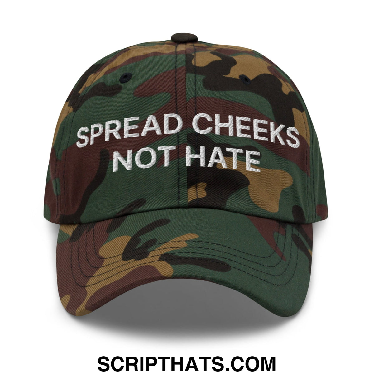 A camouflage unstructured dad hat with white embroidered text spread cheeks not hate perfect for casual wear