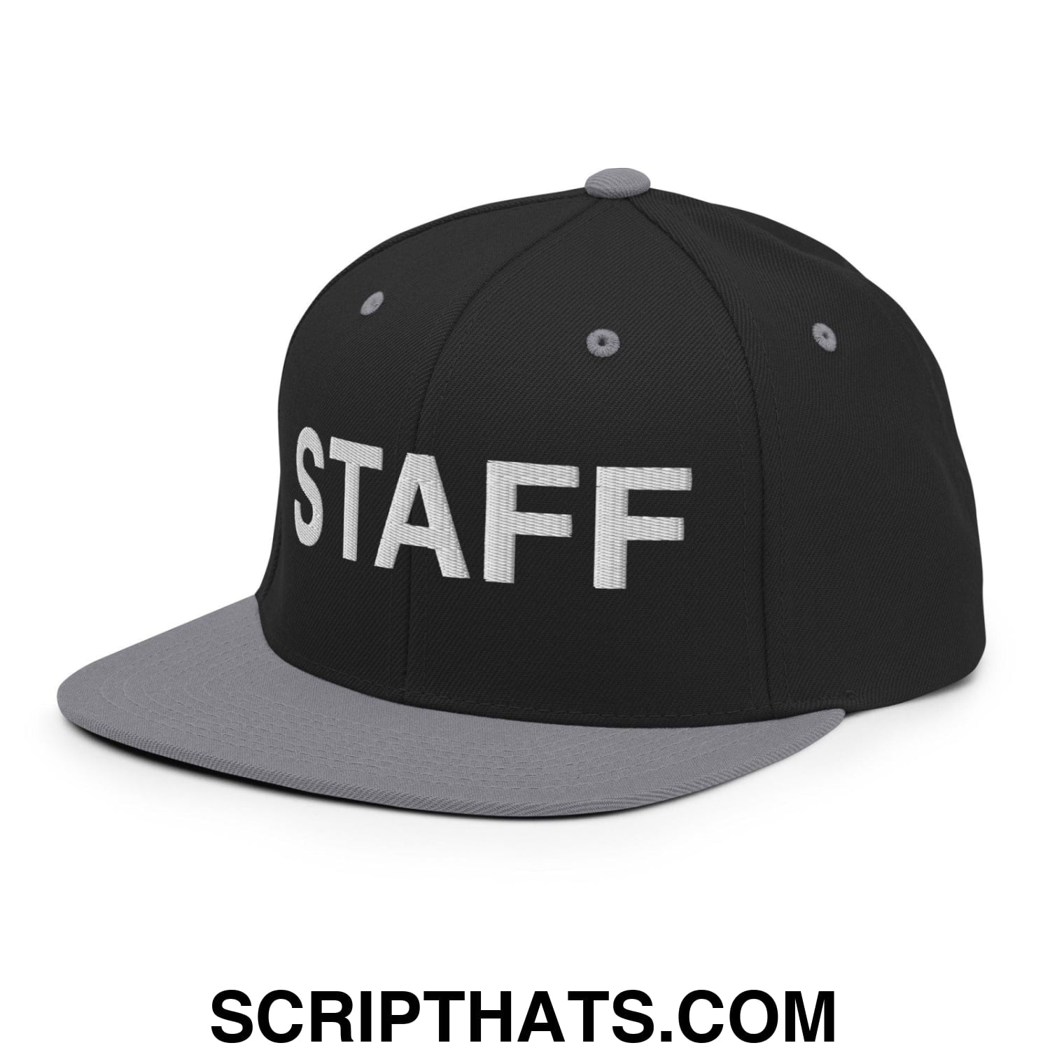 Staff Uniform Work Embroidered Flat Bill Brim Snapback Hat Black Silver