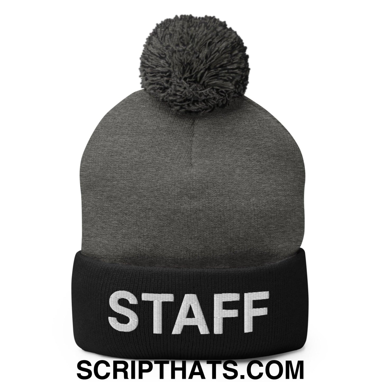 Staff Uniform Work Embroidered Knit Pom Pom Beanie Dark Heather Grey Black
