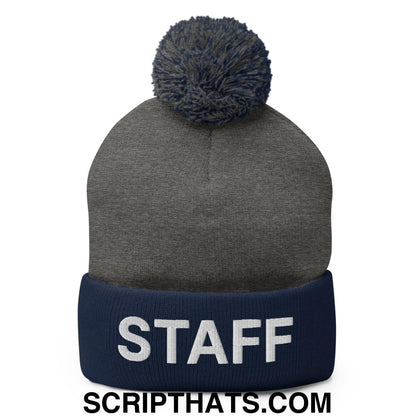 Staff Uniform Work Embroidered Knit Pom Pom Beanie Dark Heather Grey Navy