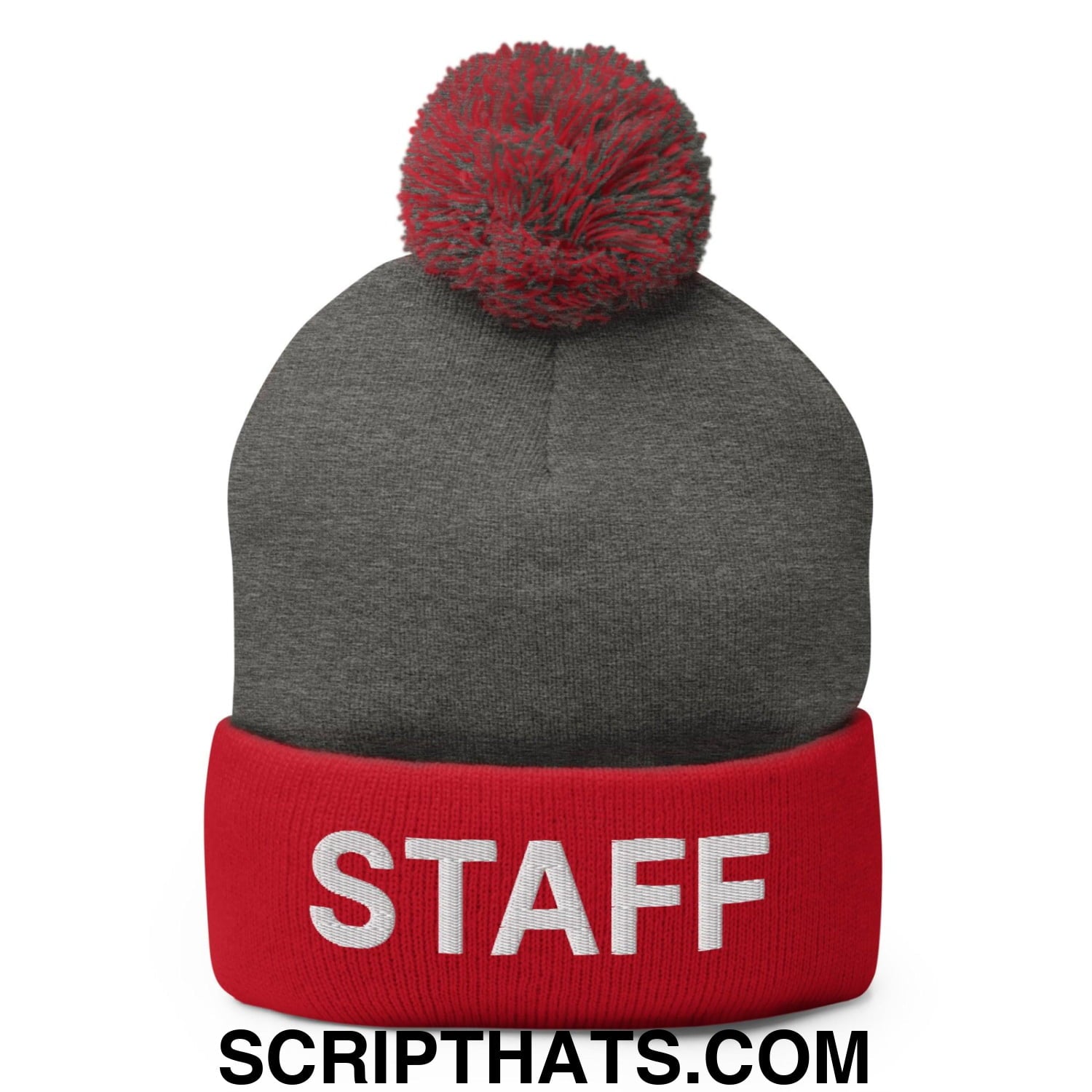 Staff Uniform Work Embroidered Knit Pom Pom Beanie Dark Heather Grey Red