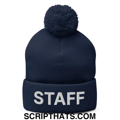 Staff Uniform Work Embroidered Knit Pom Pom Beanie Navy