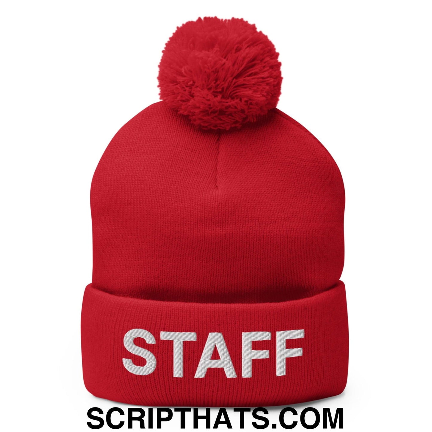 Staff Uniform Work Embroidered Knit Pom Pom Beanie Red