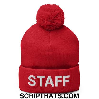 Staff Uniform Work Embroidered Knit Pom Pom Beanie Red
