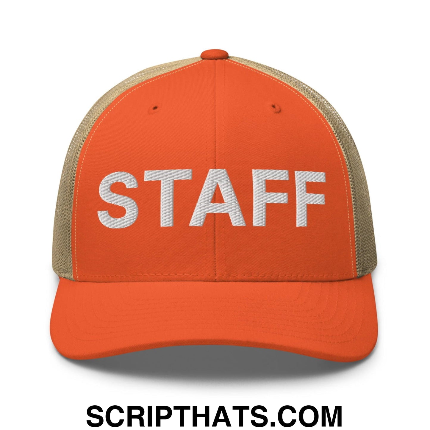 Staff Uniform Work Embroidered Mesh Trucker Hat Rustic Orange Khaki