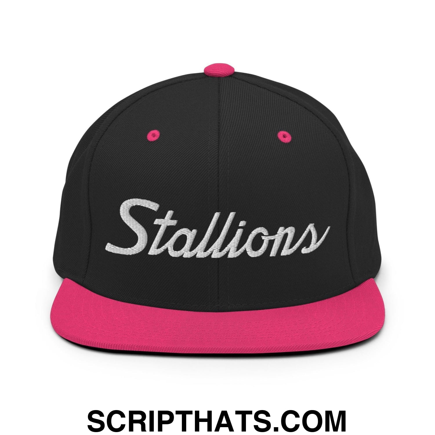 Stallions School Mascot Script Snapback Hat Black Neon Pink