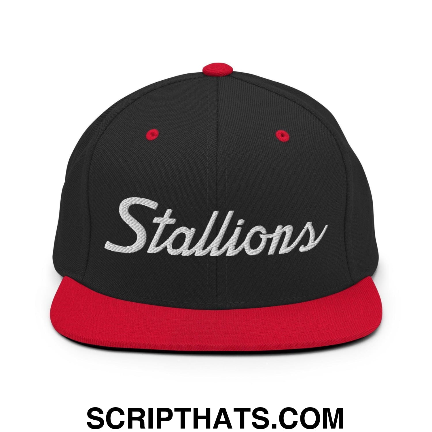 Stallions School Mascot Script Snapback Hat Black Red