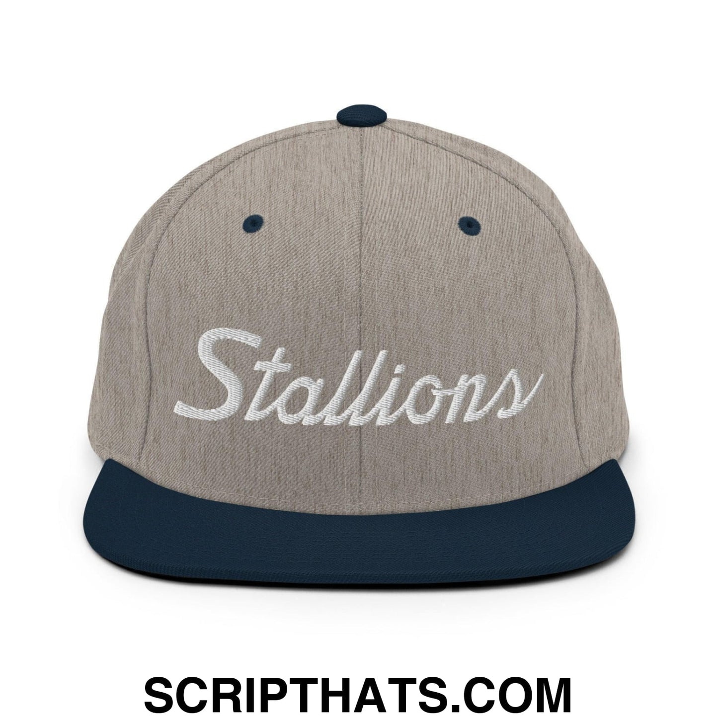 Stallions School Mascot Script Snapback Hat Heather Grey Navy