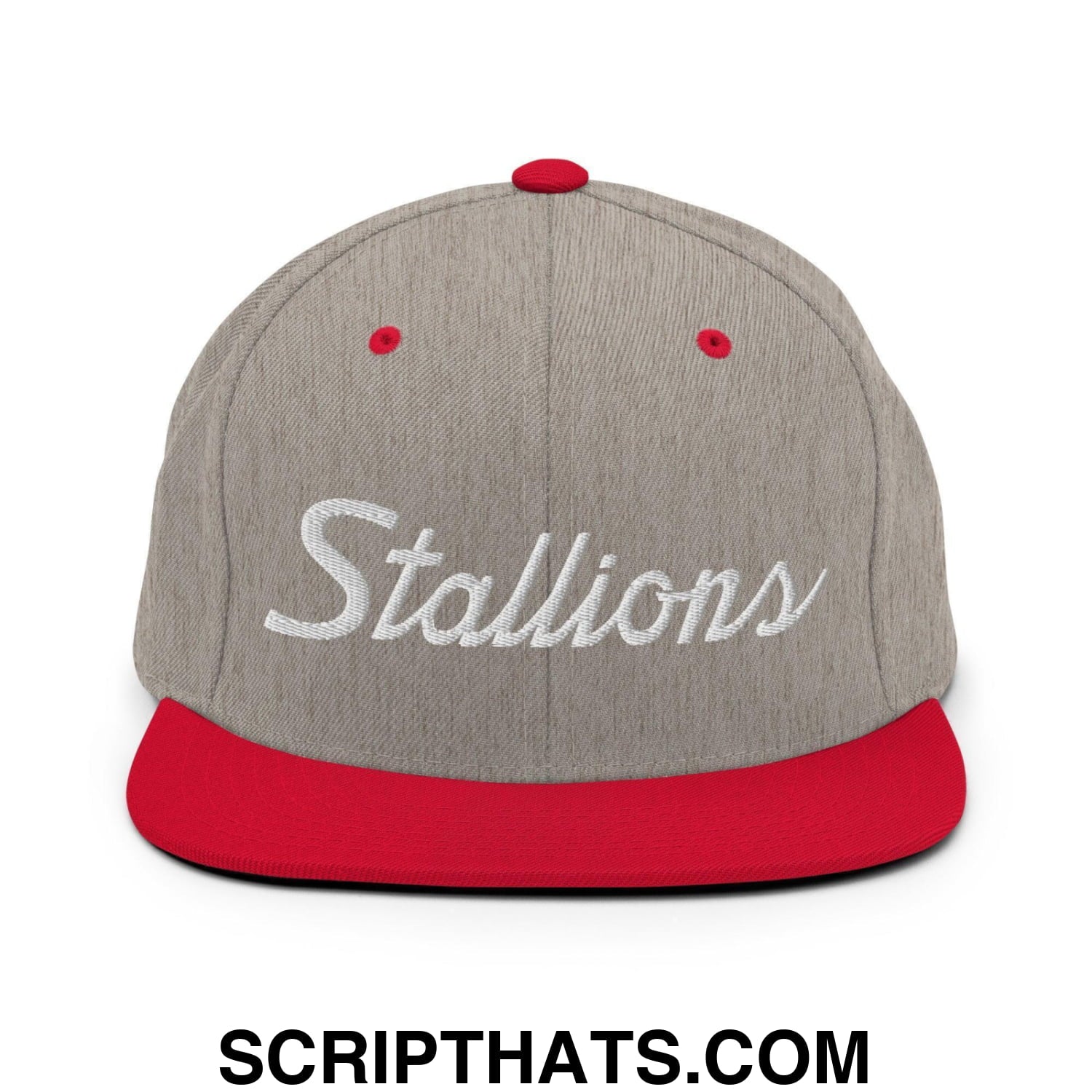 Stallions School Mascot Script Snapback Hat Heather Grey Red