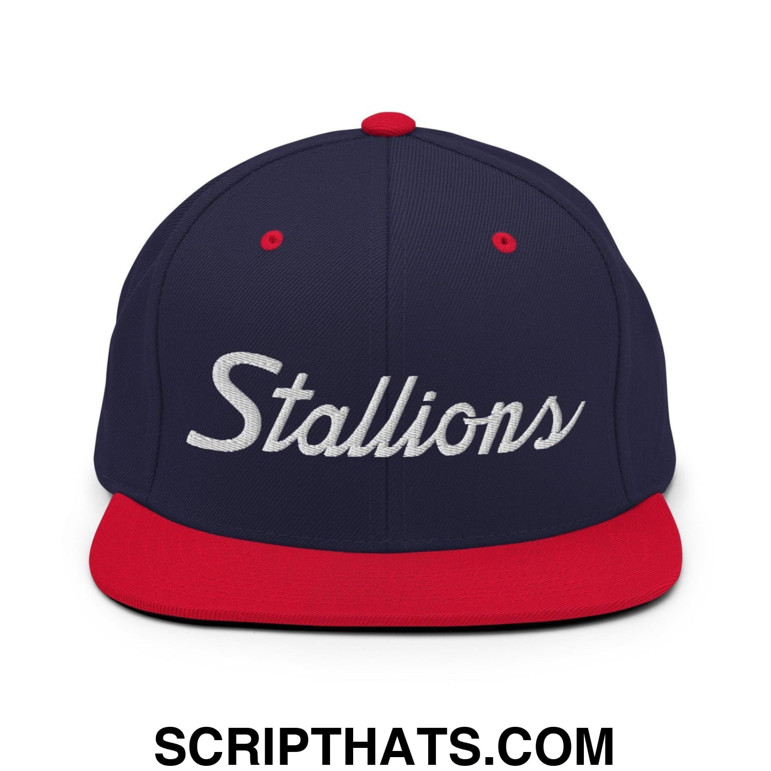 Stallions School Mascot Script Snapback Hat Navy Red