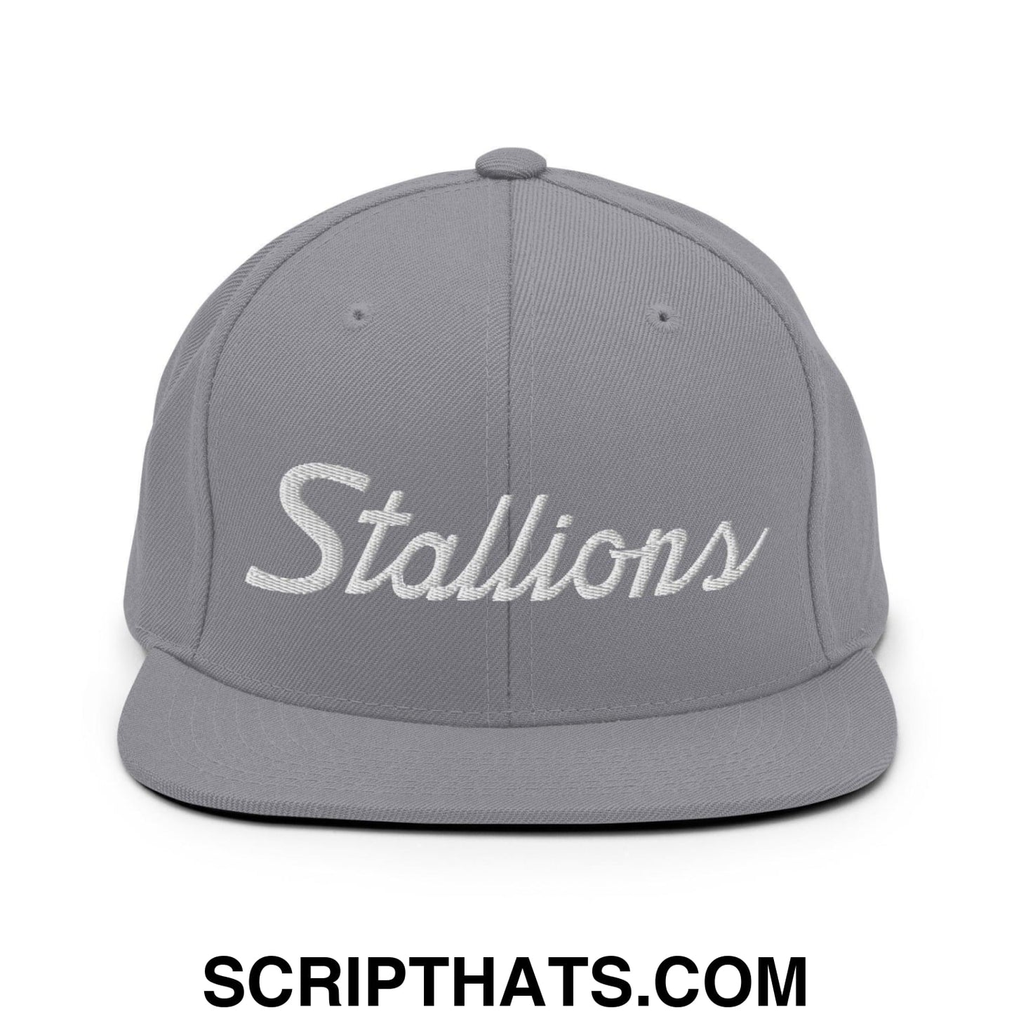 Stallions School Mascot Script Snapback Hat Silver
