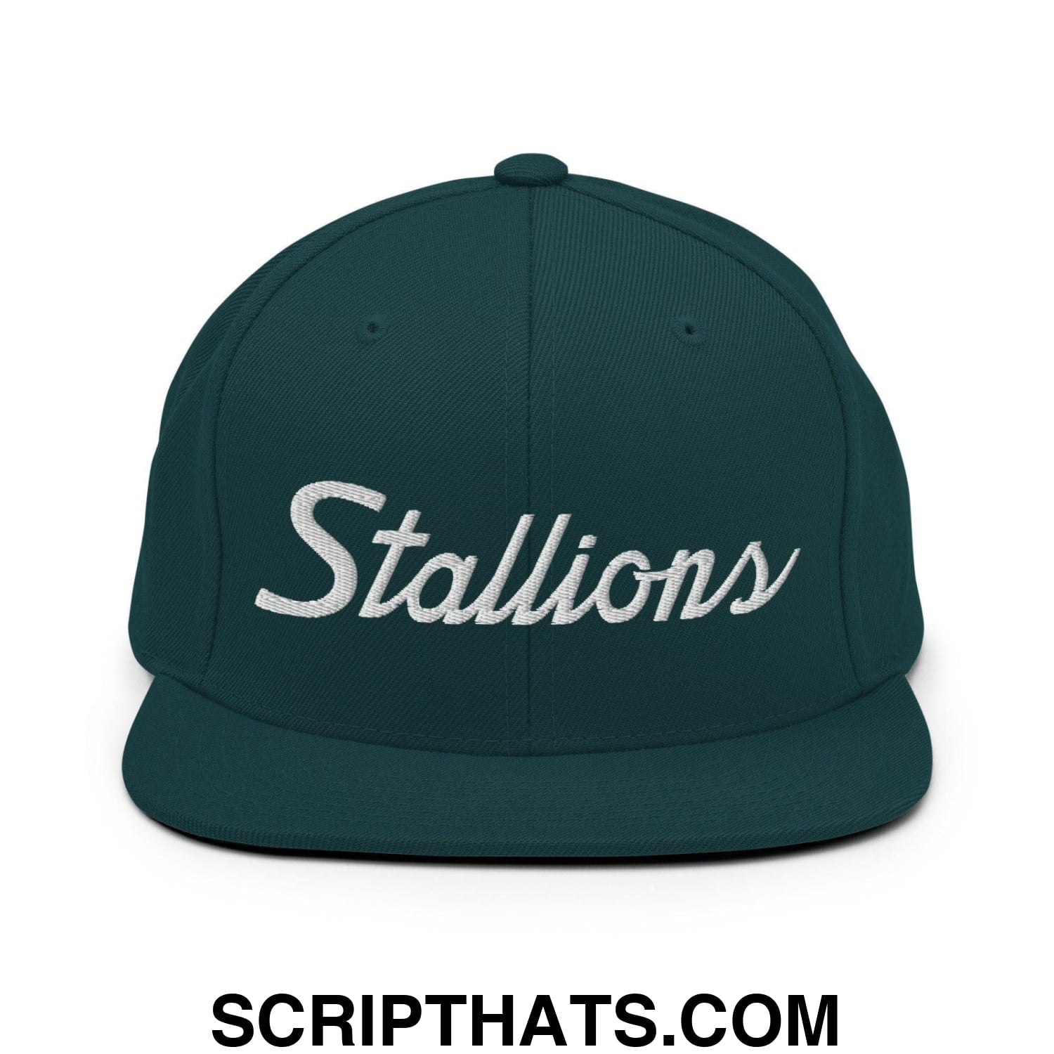 Stallions School Mascot Script Snapback Hat Spruce