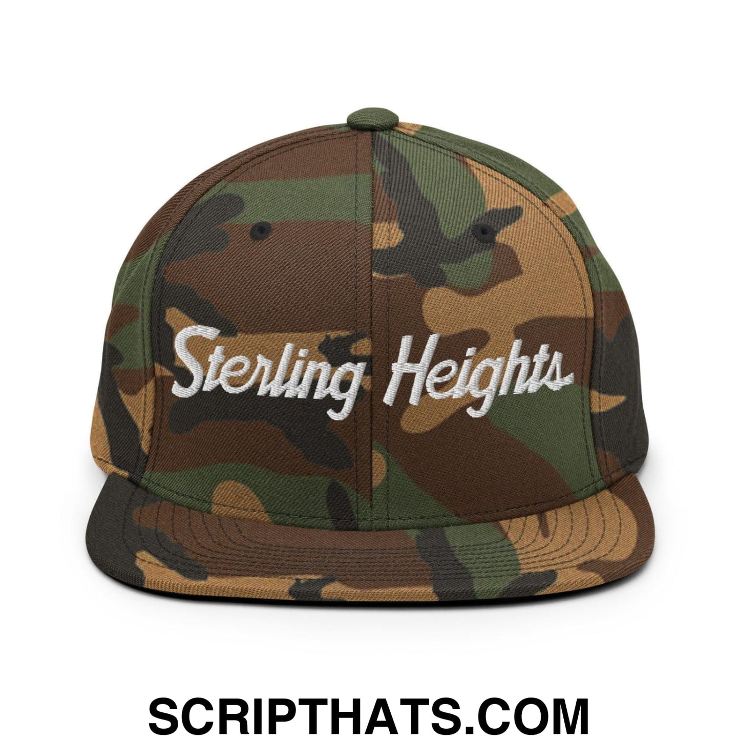 Sterling Heights Script Snapback Hat Green Camo