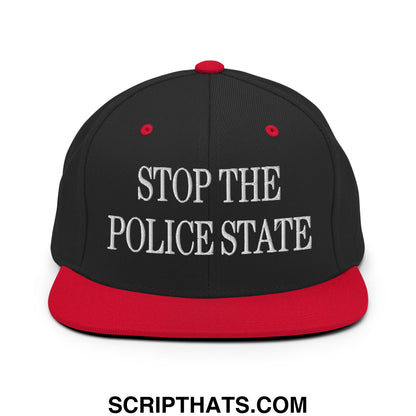 Black snapback cap with red brim and button featuring white embroidered stop the police state text on front