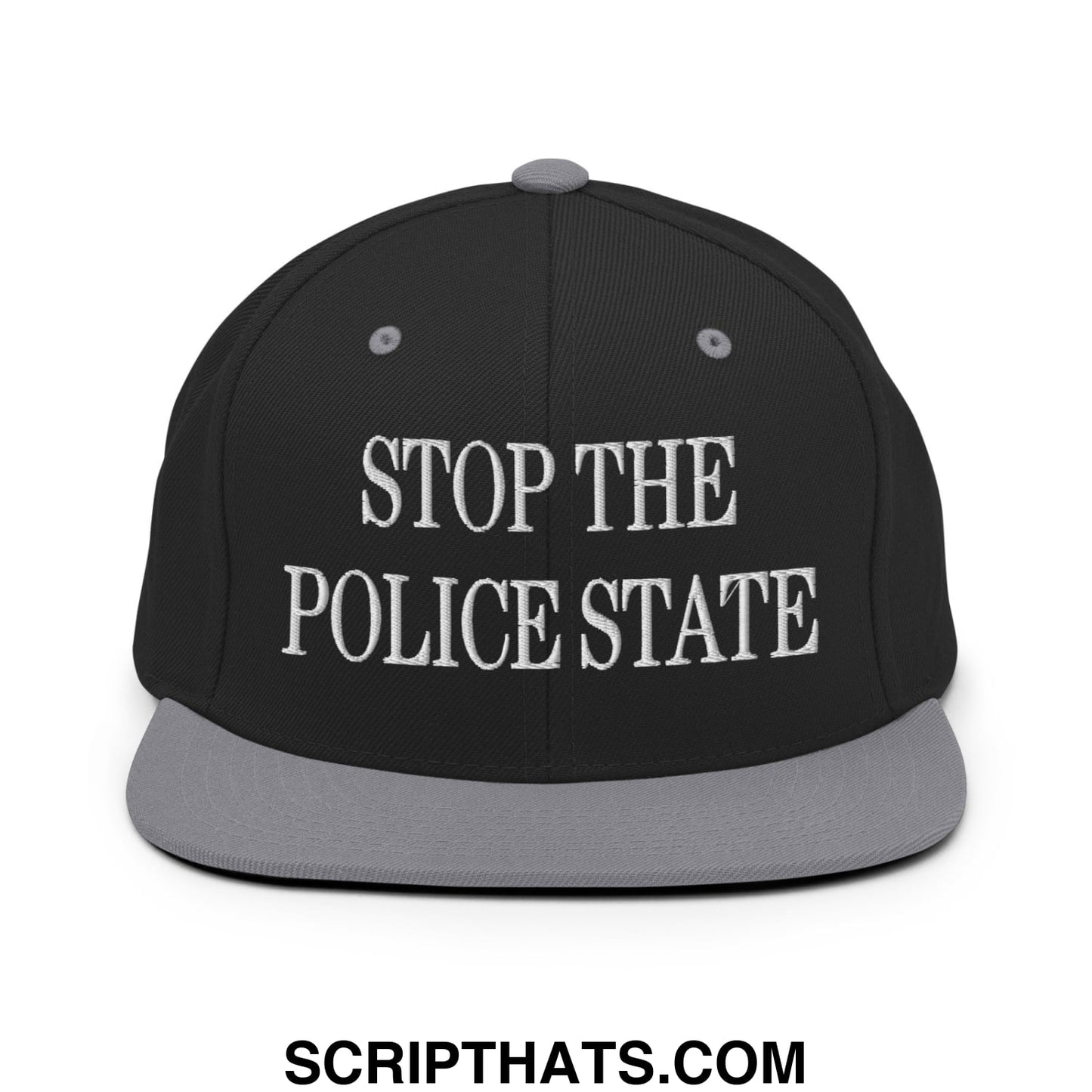 Black snapback cap with gray brim and white embroidered stop the police state text flat bill brim snapback hat