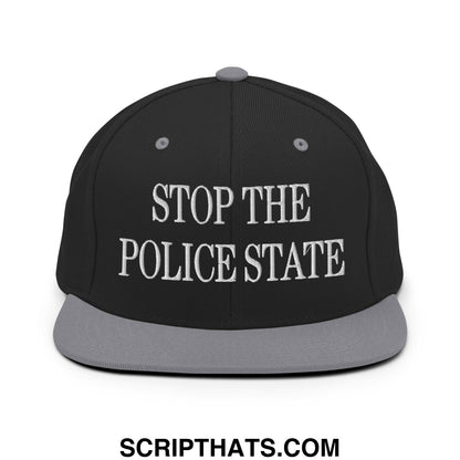 Black snapback cap with gray brim and white embroidered stop the police state text flat bill brim snapback hat