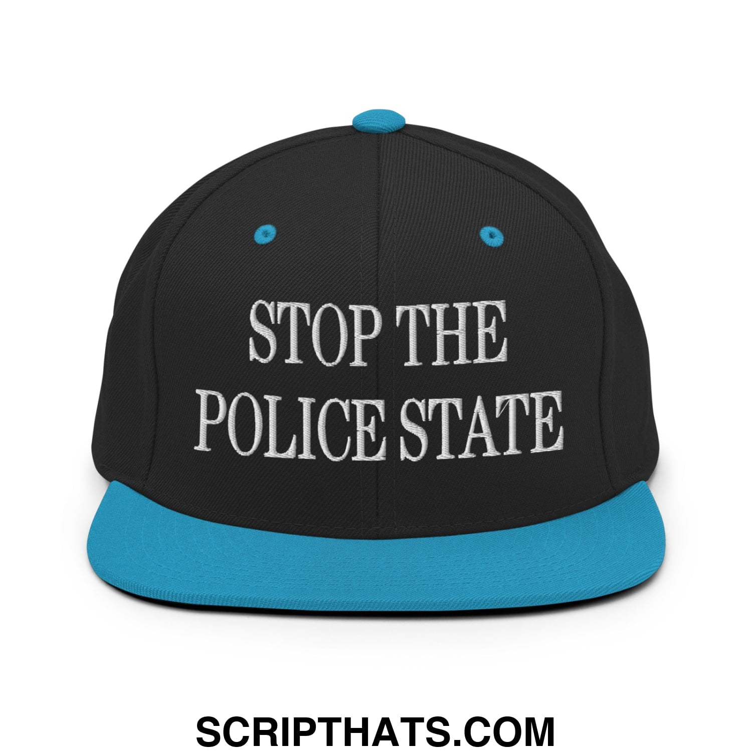 Black snapback cap with teal brim and button featuring white embroidered text stop the police state