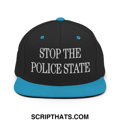 Black snapback cap with teal brim and button featuring white embroidered text stop the police state