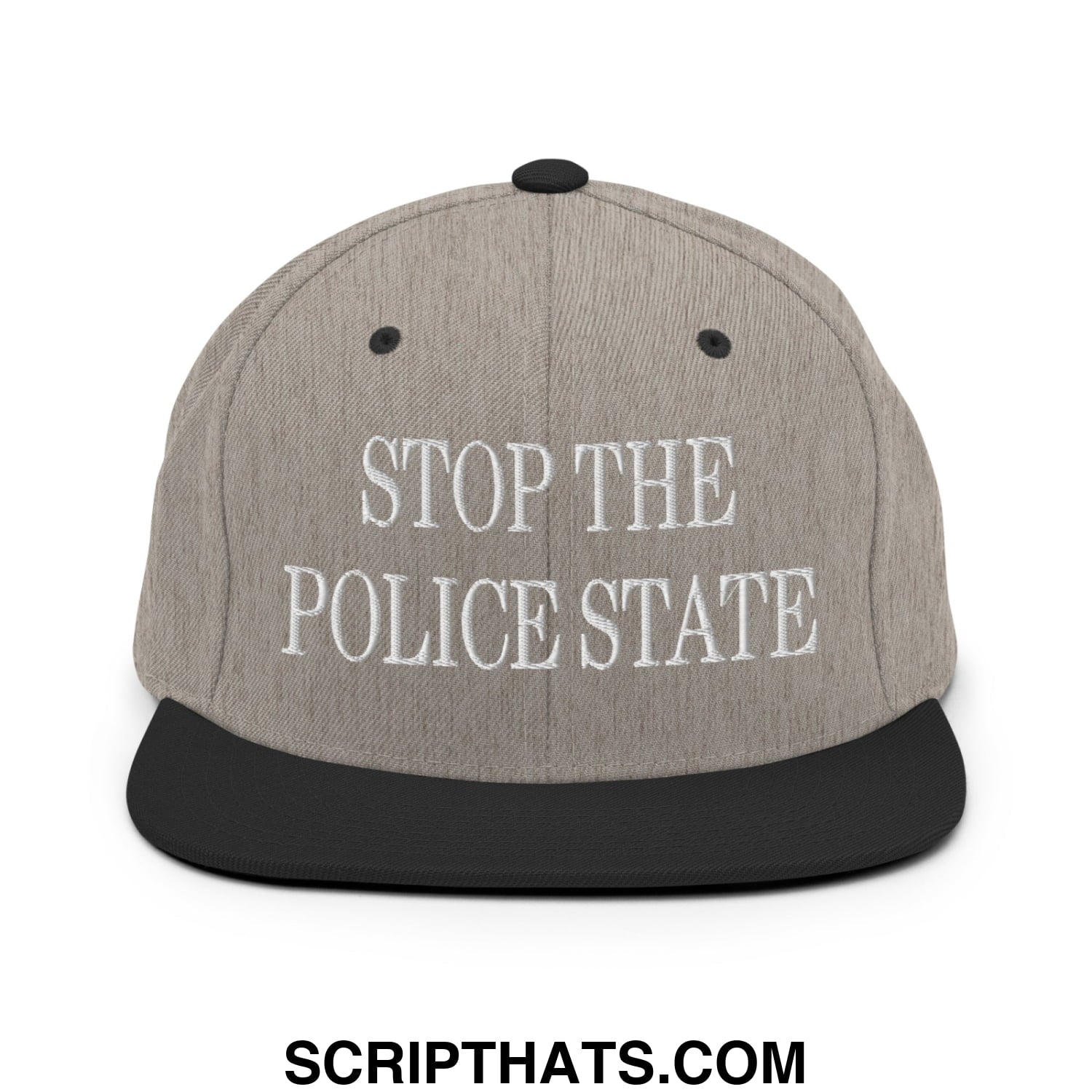 Gray and black snapback hat with white embroidered text stop the police state on flat bill brim