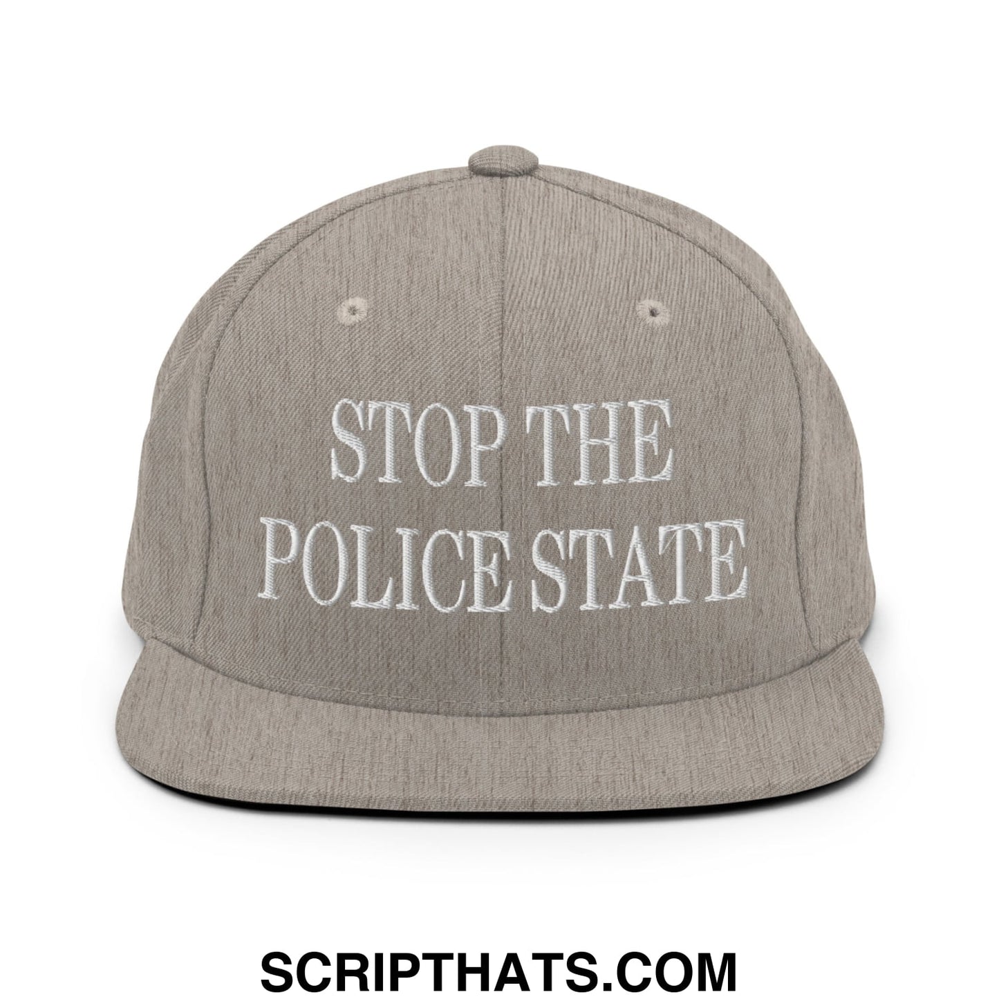 Gray snapback hat with white embroidered stop the police state text and flat bill brim for streetwear style