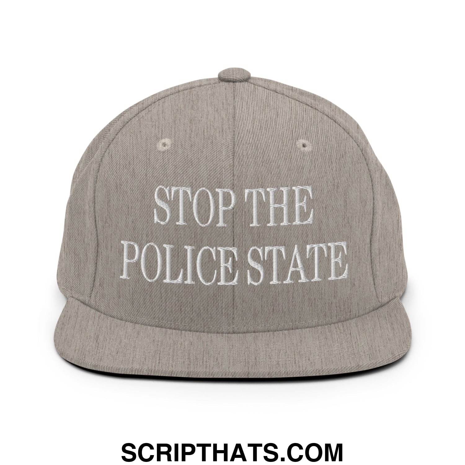 Gray snapback hat with white embroidered stop the police state text and flat bill brim for streetwear style