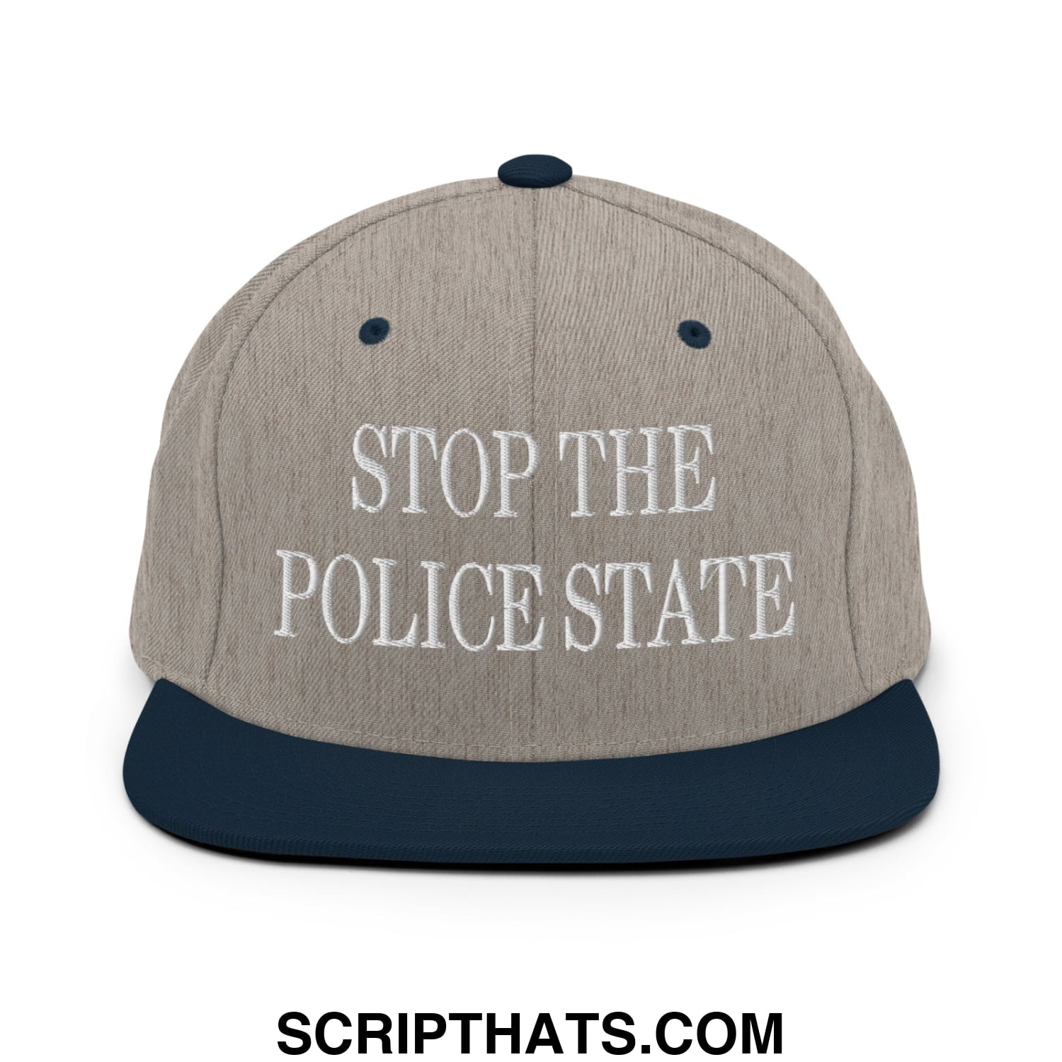 Beige and navy blue snapback hat with white embroidered stop the police state text on flat bill brim