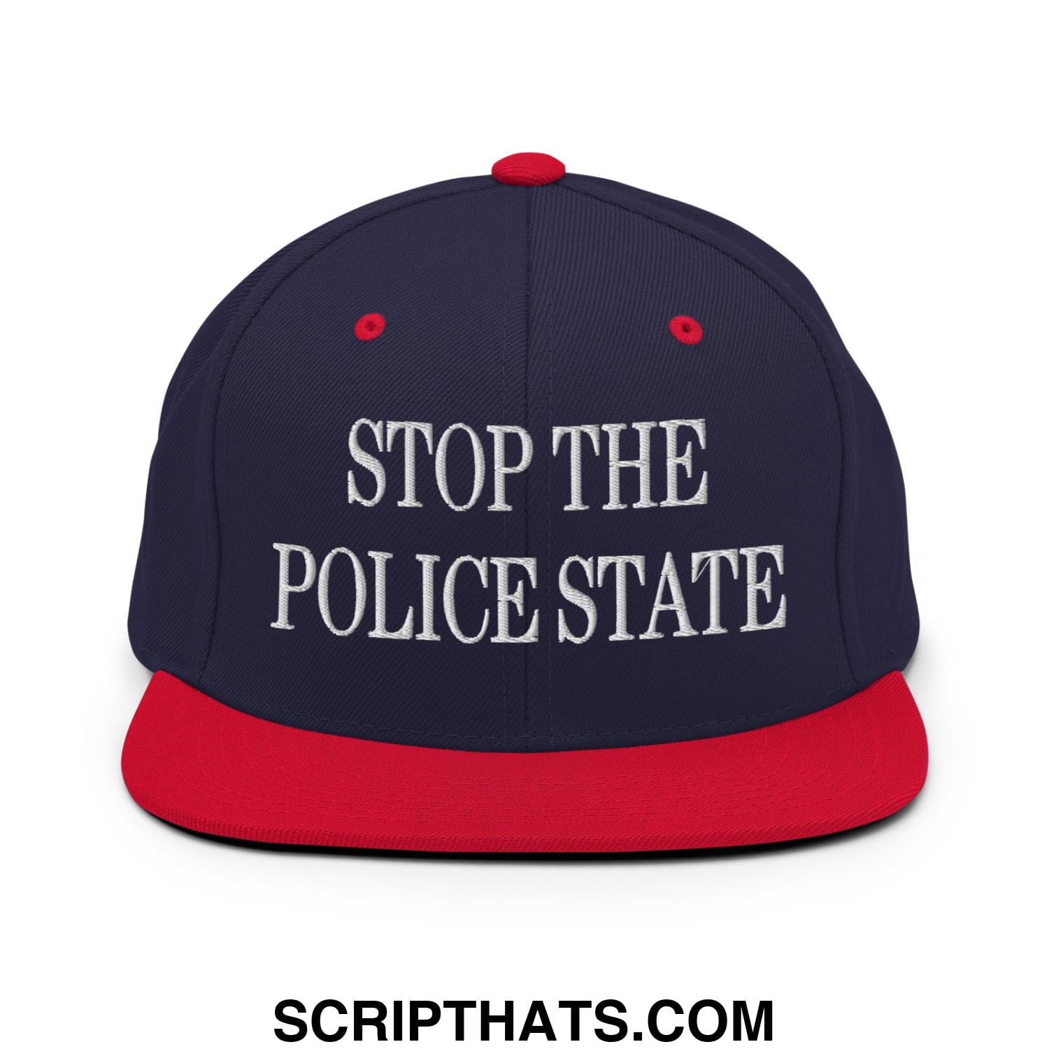 Navy blue and red snapback hat with white embroidered stop the police state text and flat bill brim
