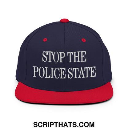 Navy blue and red snapback hat with white embroidered stop the police state text and flat bill brim