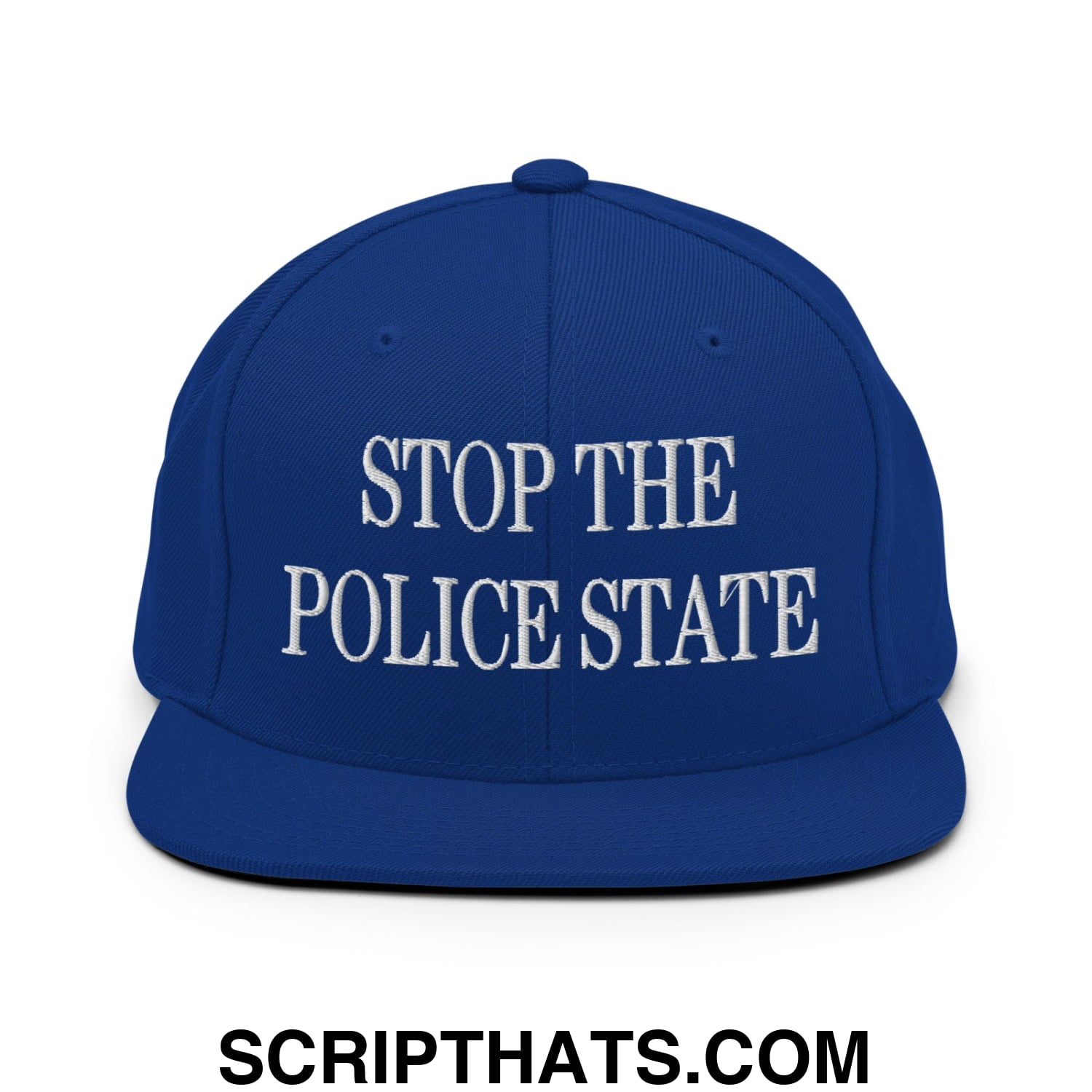 Stop The Police State Embroidered Flat Bill Brim Snapback Hat Royal Blue