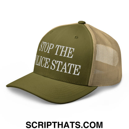 Stop The Police State Embroidered Mesh Trucker Hat Moss Khaki