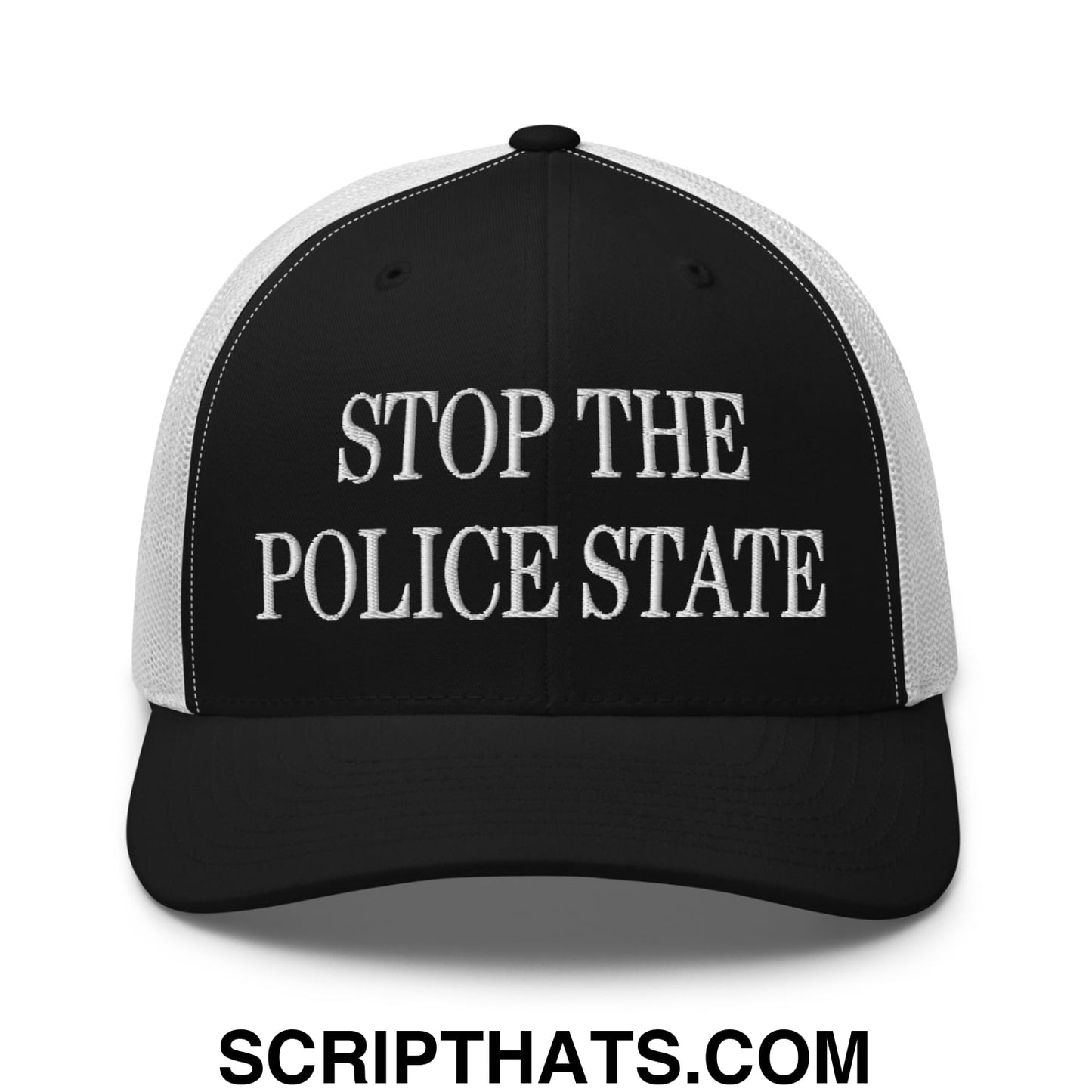 Stop The Police State Embroidered Mesh Trucker Hat Black White