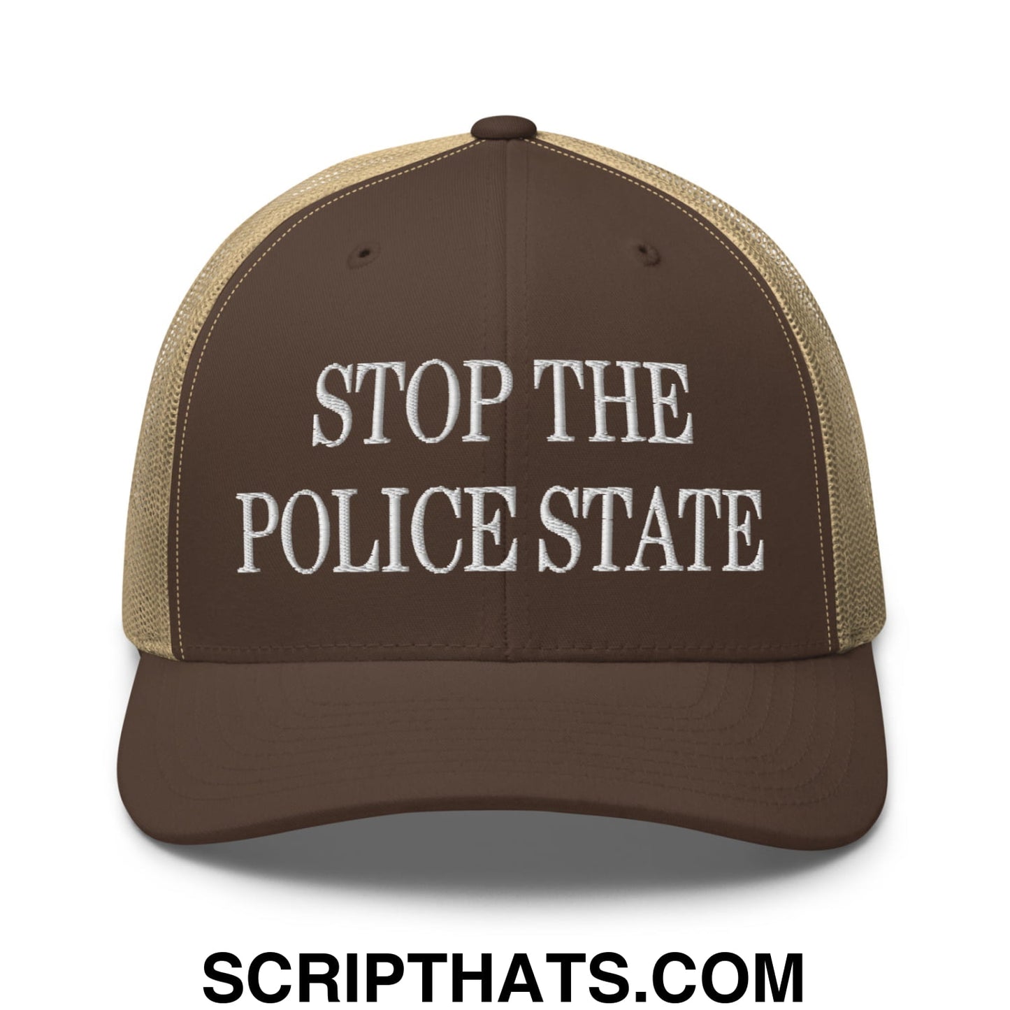 Stop The Police State Embroidered Mesh Trucker Hat Brown Khaki
