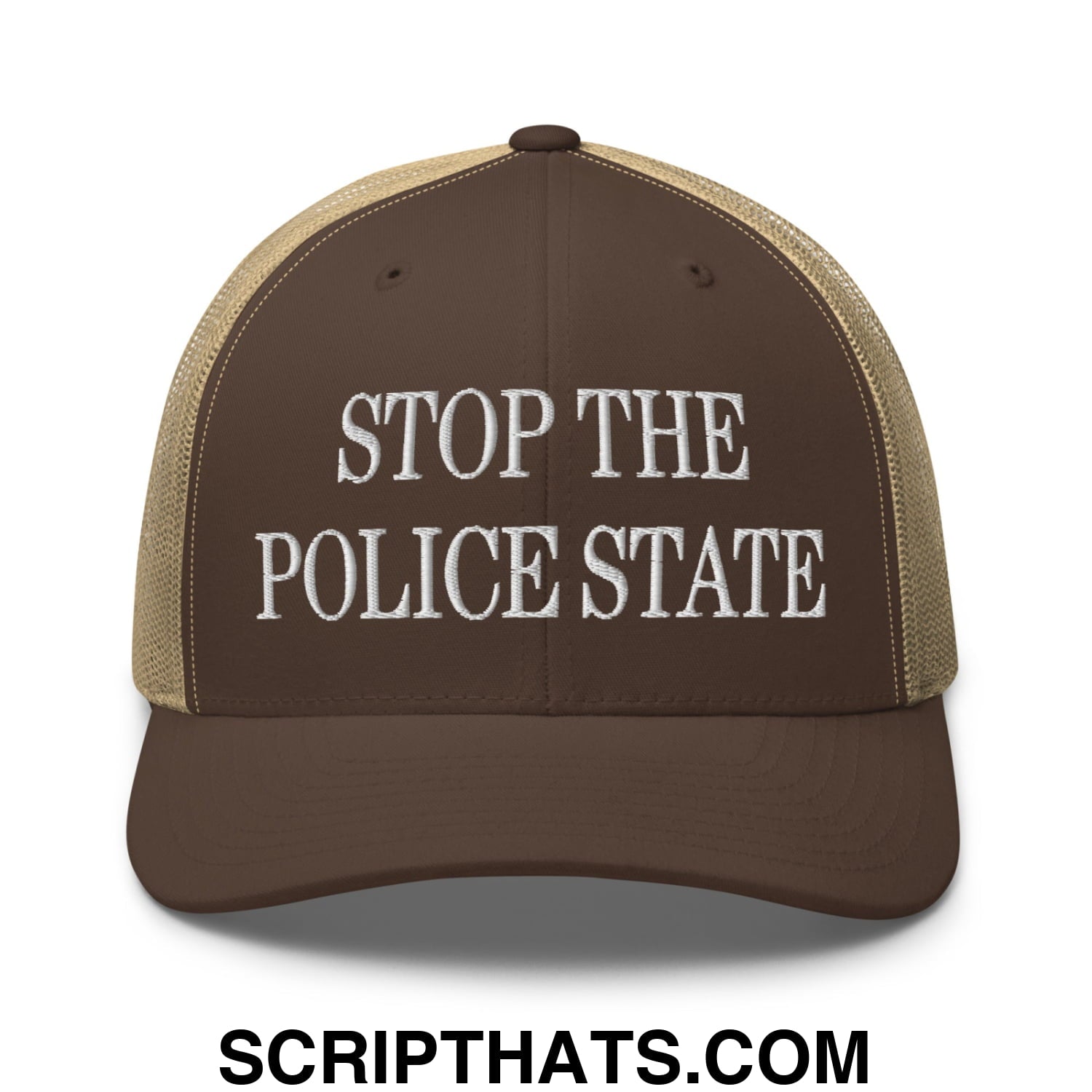 Stop The Police State Embroidered Mesh Trucker Hat Brown Khaki