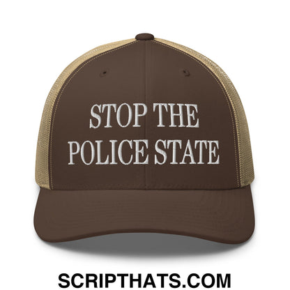 Stop The Police State Embroidered Mesh Trucker Hat Brown Khaki